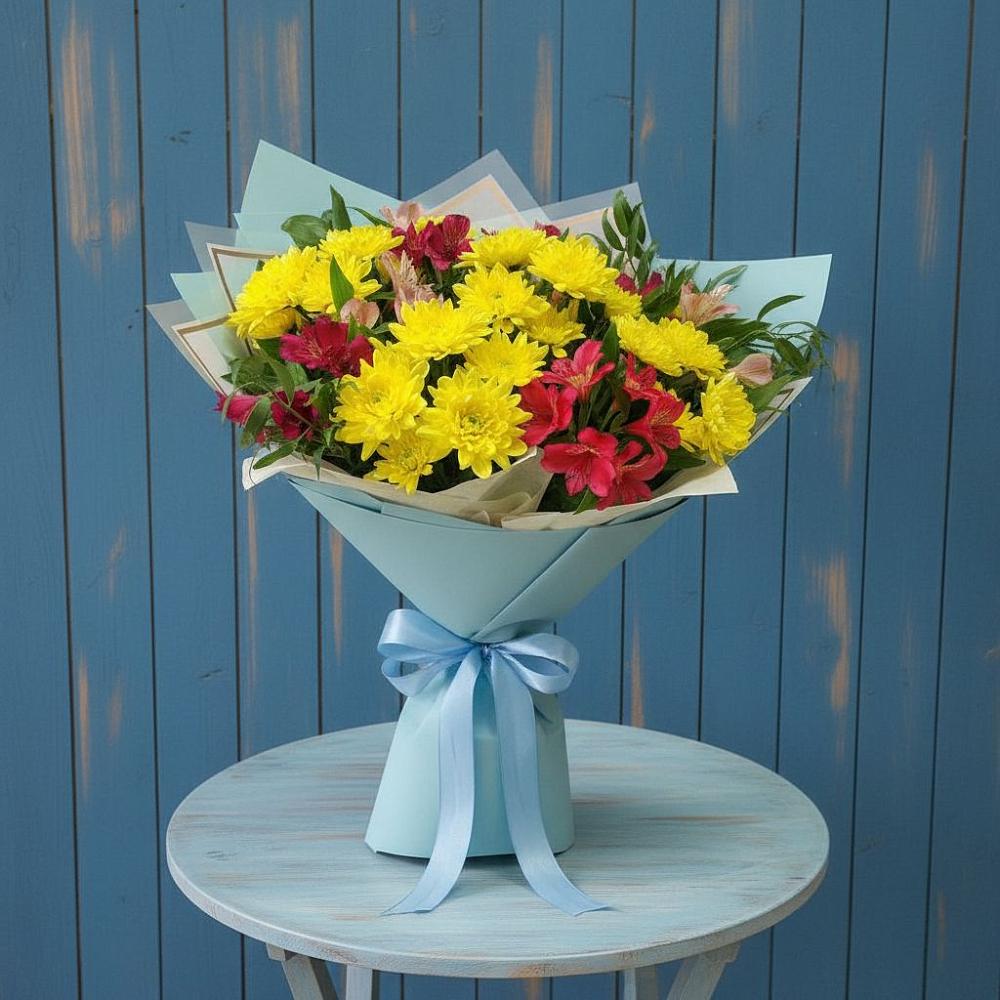 Букет цветов из: Альстромерии и Хризантемы в поселок Станции Манихино