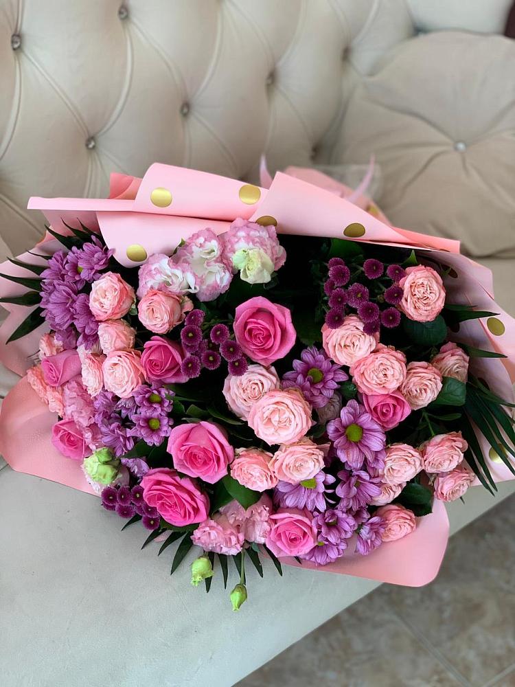 Букет цветов из: Хризантемы, Розы и Лизиантусы в поселок Станции Манихино