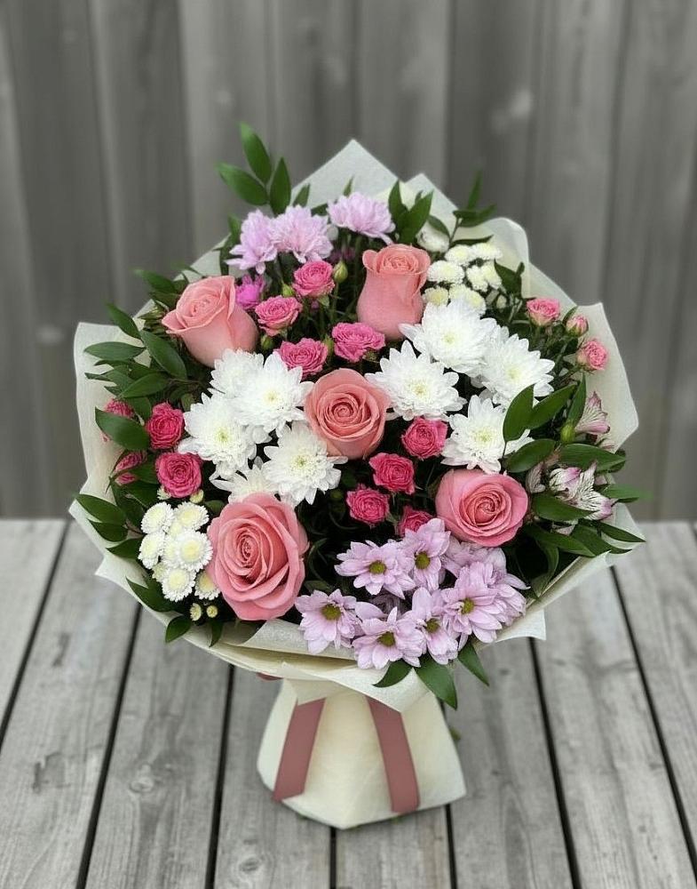 Букет цветов из: Альстромерии, Гвоздики, Розы и Хризантемы в поселок Станции Манихино