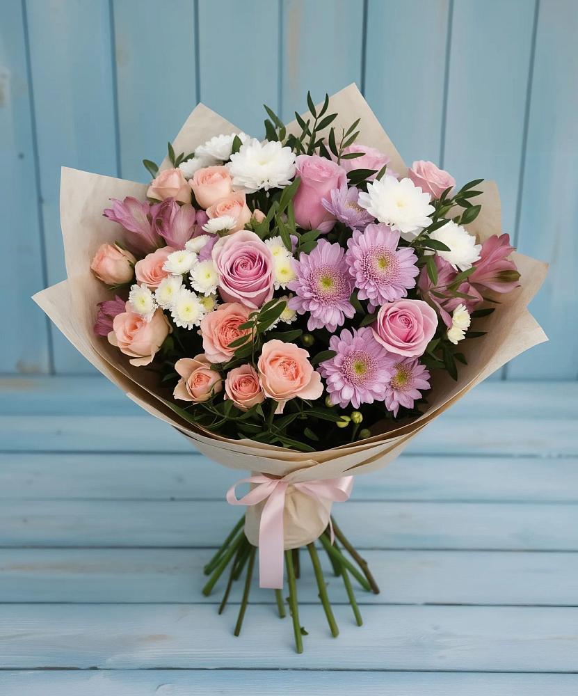 Букет цветов из: Хризантемы, Розы и Альстромерии в поселок Станции Манихино