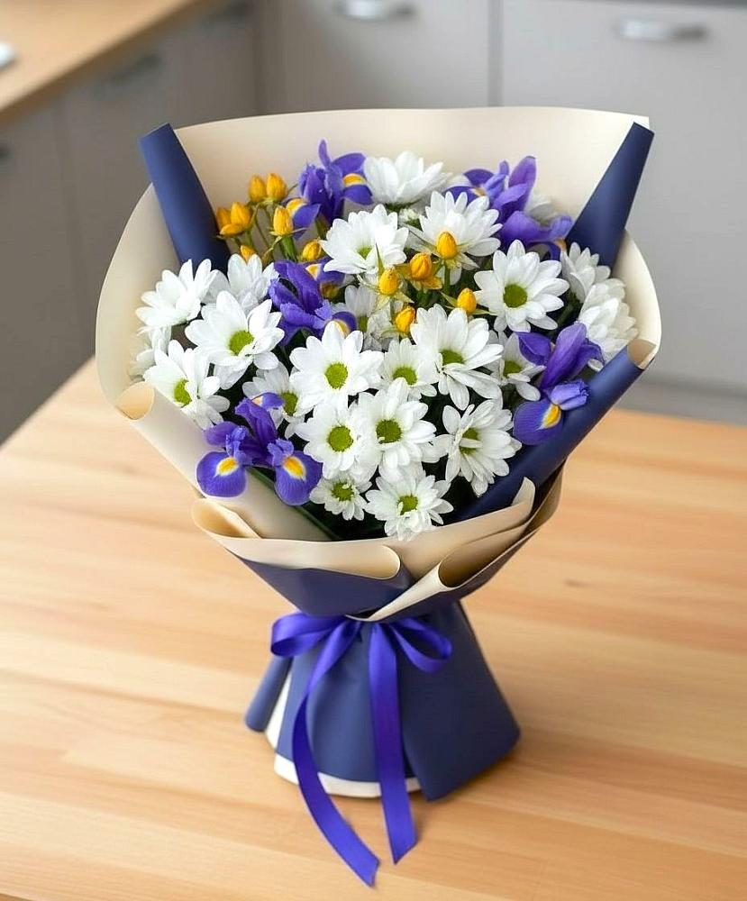 Букет цветов из: Розы, Ирисы и Хризантемы в поселок Станции Манихино